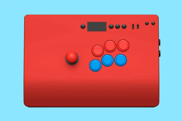 青の背景に隔離されたジョイスティックとトーナメントグレードのボタンを備えたヴィンテージレッドのアーケードスティック ゲーム機とゲーマーのワークスペースの概念の3Dレンダリング — ストック写真