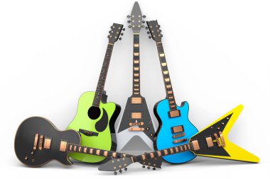 Beyaz arka planda izole edilmiş elektro akustik gitar seti. Müzik dükkanı için heavy metal gitarlı 3D rock festivali posteri.