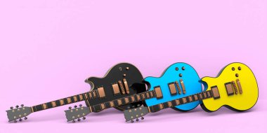 Pembe arka planda izole edilmiş elektro akustik gitar seti. Müzik dükkanı için heavy metal gitarlı 3D rock festivali posteri.