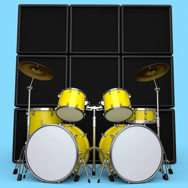 Set of realistic drums with metal cymbals or drumset and amplifier on blue background. 3d render concept of musical percussion instrument, drum machine and drumset