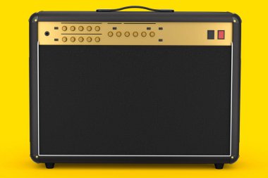 Klasik elektrik ve akustik gitar amplifikatörü sarı arka planda izole edildi. Stüdyo veya prova odasında bas gitar kaydetmek için 3D yükseltici