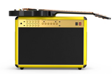Beyaz arka planda izole edilmiş elektro veya akustik gitarlı klasik amplifikatör. Stüdyo veya prova odasında bas gitar kaydetmek için 3D yükseltici, rock festivali poste konsepti