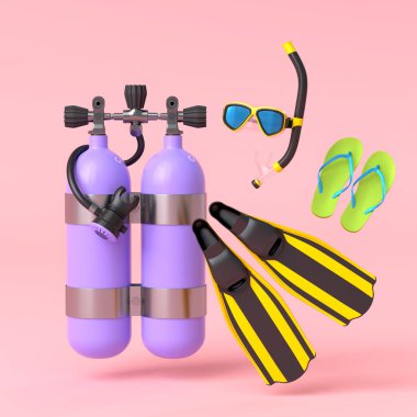 Colorful scuba stuff and beach accessories like umbrella, flip flops and inflatable ring on pink background. 3D render of summer vacation concept and holidays clipart