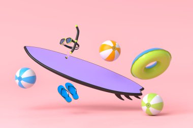 Renkli sörf tahtası, plaj topu ve pembe arka planda dalgıç maskesi. Yaz tatili konsepti ve tatillerinin 3 boyutlu canlandırması