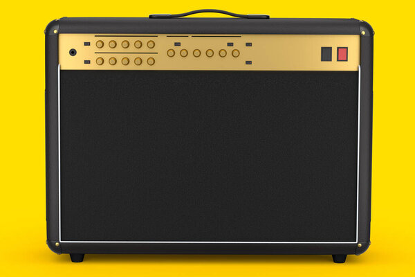 Classical electric and acoustic guitar amplifier isolated on yellow background. 3d render of amplifier for recording bass guitar in studio or rehearsal room