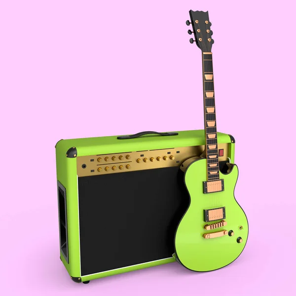 Classical amplifier with electric or acoustic guitar isolated on pink background. 3d render of amplifier for recording bass guitar in studio or rehearsal room, concept for rock festival poste