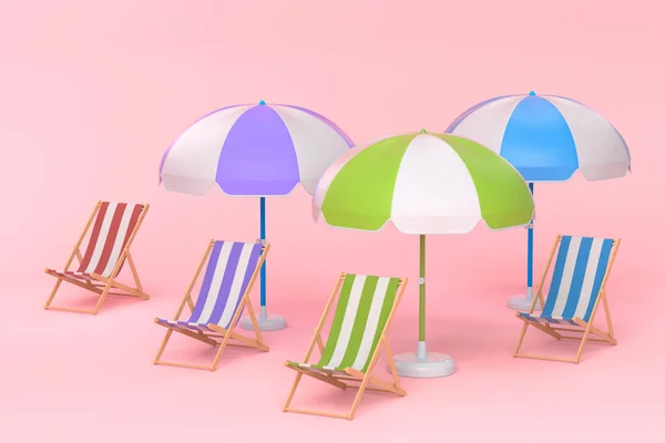 有遮阳伞的海滩椅子和粉色背景的海滩球 暑假概念的3D渲染 — 图库照片