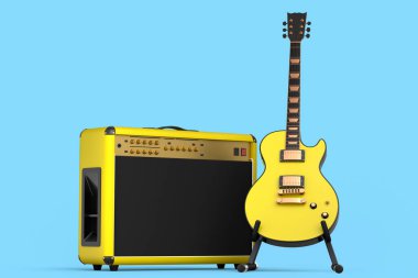 Mavi arka planda elektro veya akustik gitarlı klasik amplifikatör var. Stüdyo veya prova odasında bas gitar kaydetmek için 3D yükseltici, rock festivali poste konsepti