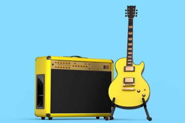 Classical amplifier with electric or acoustic guitar on stand isolated on blue background. 3d render of amplifier for recording bass guitar in studio or rehearsal room, concept for rock festival poste clipart