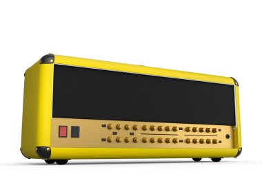 Beyaz zemin üzerinde klasik elektrik ve akustik gitar amplifikatörü izole edildi. Stüdyo veya prova odasında bas gitar kaydetmek için 3D yükseltici