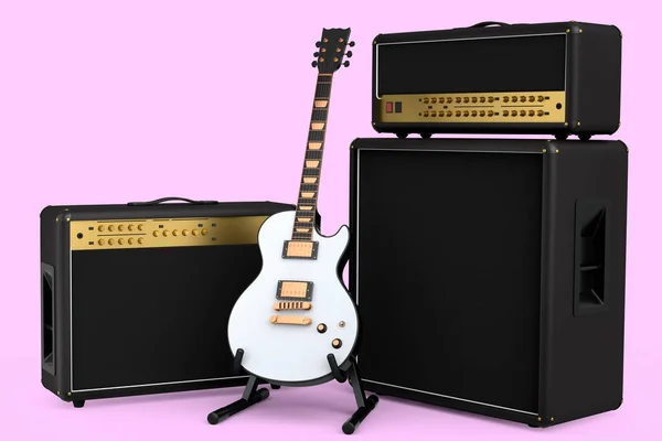 Classical amplifier with electric or acoustic guitar on stand isolated on pink background. 3d render of amplifier for recording bass guitar in studio or rehearsal room, concept for rock festival poste