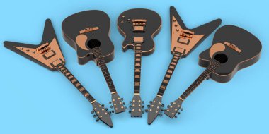 Mavi arka planda izole edilmiş elektro akustik gitar seti. Müzik dükkanı için heavy metal gitarlı 3D rock festivali posteri.