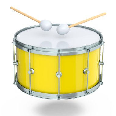 Gerçekçi davul ve tahta bagetler beyaz arka planda. 3D render müzik aleti, davul makinesi konsepti.