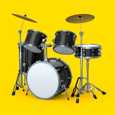 Sarı arka planda metal zilleri olan gerçekçi davullar. 3D render müzik perküsyon enstrümanı, davul makinesi ve bateri seti