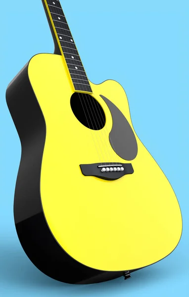 在蓝色背景下隔离的声学吉他的特写 音乐商店用西班牙吉他制作摇滚音乐节海报的概念3D渲染 — 图库照片
