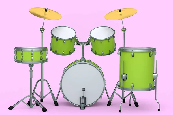 Set of realistic drums with metal cymbals on pink background. 3d render concept of musical percussion instrument, drum machine and drumset