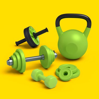Kettlebell, dambıl ve sarı arka planda AB silindiri gibi spor aletleri. Güç kaldırma ve zindelik kavramının 3 boyutlu canlandırması