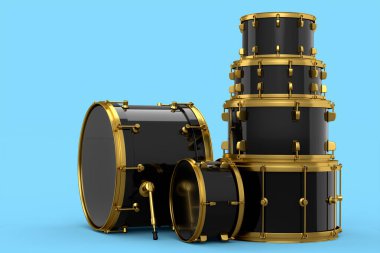 Gerçekçi davul seti ya da davul seti mavi arka planda. 3D render müzik perküsyon enstrümanı, davul makinesi ve bateri seti