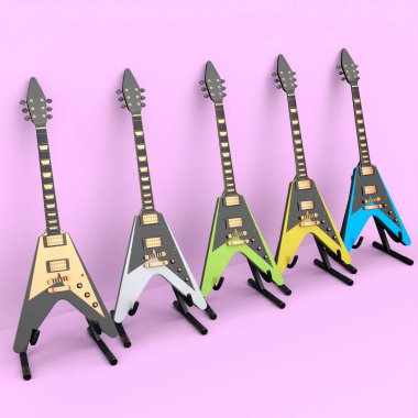 Pembe arka planda izole edilmiş elektro akustik gitar seti. Müzik dükkanı için heavy metal gitarlı 3D rock festivali posteri.