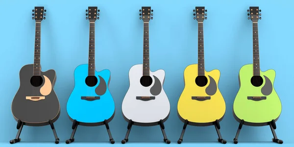 Conjunto Guitarra Acústica Isolada Sobre Fundo Azul Renderização Conceito Para — Fotografia de Stock