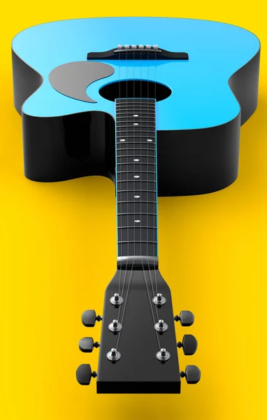 黄色の背景に隔離されたアコースティックギターのクローズアップ 音楽ショップのためのスペイン語のギターとロックフェスティバルポスターのための概念の3Dレンダリング — ストック写真