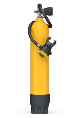 Turuncu dalış tankı beyaz arka planda izole edilmiş şnorkelle yüzmek için tam oksijen. Yaz tatili için 3D dalış ve spor malzemesi.