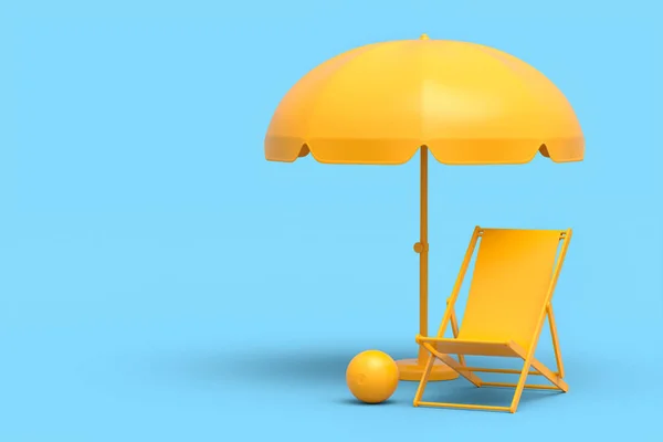 Şemsiyeli Plaj Sandalyesi Tek Renkli Mavi Arka Planda Plaj Topu — Stok fotoğraf