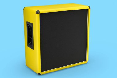 Klasik elektrik ve akustik gitar amplifikatörü mavi arka planda izole edildi. Stüdyo veya prova odasında bas gitar kaydetmek için 3D yükseltici
