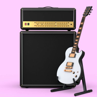 Pembe arka planda elektro veya akustik gitarlı klasik amplifikatör var. Stüdyo veya prova odasında bas gitar kaydetmek için 3D yükseltici, rock festivali poste konsepti