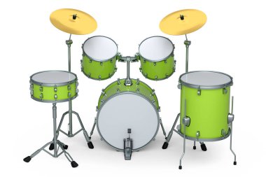 Beyaz arka planda metal zilleri olan gerçekçi davullar. 3D render müzik perküsyon enstrümanı, davul makinesi ve bateri seti