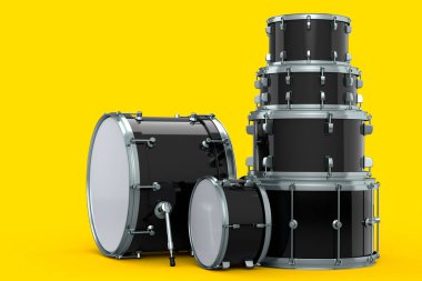 Gerçekçi davul seti ya da sarı arka planda bateri seti. 3D render müzik perküsyon enstrümanı, davul makinesi ve bateri seti