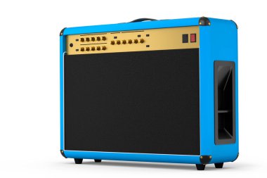 Beyaz zemin üzerinde klasik elektrik ve akustik gitar amplifikatörü izole edildi. Stüdyo veya prova odasında bas gitar kaydetmek için 3D yükseltici