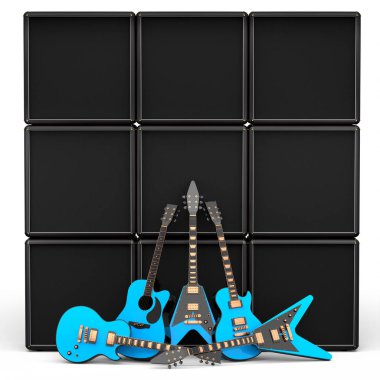 Beyaz arka planda elektrikli akustik gitar ve yükseltici seti. Müzik dükkanı için heavy metal gitarlı 3D rock festivali posteri.