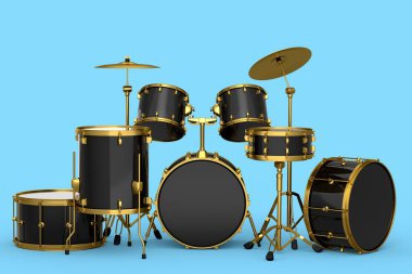 Mavi arka planda metal zilleri olan gerçekçi davullar. 3D render müzik perküsyon enstrümanı, davul makinesi ve bateri seti
