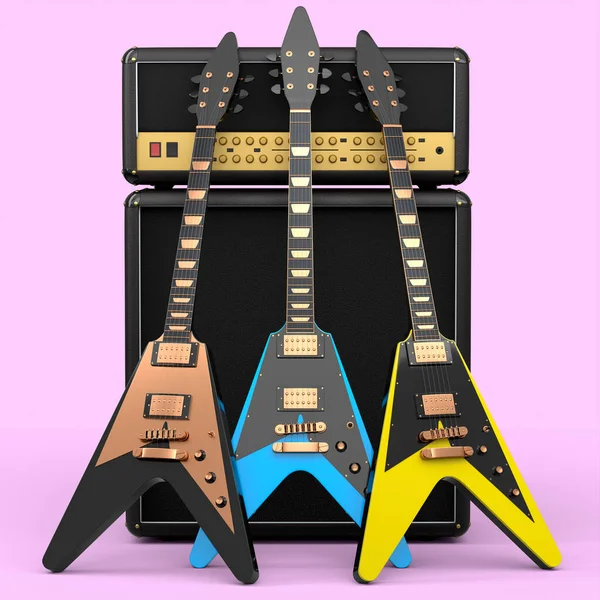 Conjunto Guitarra Acústica Eléctrica Amplificador Sobre Fondo Rosa Render Concept —  Fotos de Stock