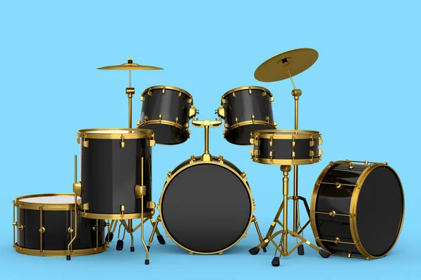 青の背景に金属シンバルと現実的なドラムのセット ドラムマシン ドラムセットの3Dレンダリングコンセプト — ストック写真