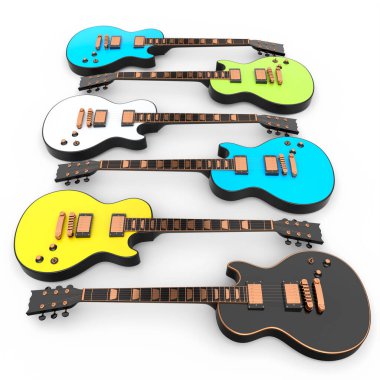 Beyaz arka planda izole edilmiş elektro akustik gitar seti. Müzik dükkanı için heavy metal gitarlı 3D rock festivali posteri.