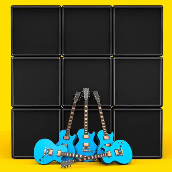 一套黄色背景的电声吉他和放大器 音乐商店用重金属吉他摇滚音乐节海报的3D渲染概念 — 图库照片