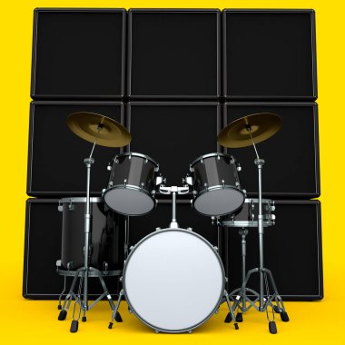 Metal zilli gerçekçi davullar ya da bateri seti ve sarı arka planda amplifikatör. 3D render müzik perküsyon enstrümanı, davul makinesi ve bateri seti