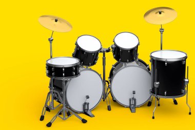 Sarı arka planda metal zilleri olan gerçekçi davullar. 3D render müzik perküsyon enstrümanı, davul makinesi ve bateri seti