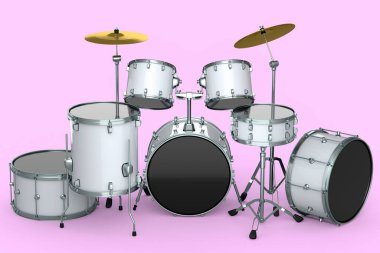 Pembe arka planda metal zilleri olan gerçekçi davullar. 3D render müzik perküsyon enstrümanı, davul makinesi ve bateri seti
