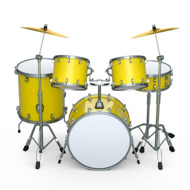 Beyaz arka planda metal zilleri olan gerçekçi davullar. 3D render müzik perküsyon enstrümanı, davul makinesi ve bateri seti