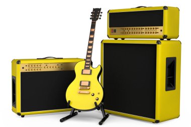 Beyaz arka planda elektro veya akustik gitarlı klasik amplifikatör var. Stüdyo veya prova odasında bas gitar kaydetmek için 3D yükseltici, rock festivali konsepti