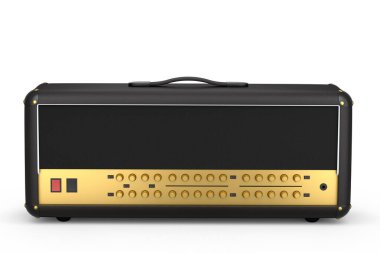 Beyaz zemin üzerinde klasik elektrik ve akustik gitar amplifikatörü izole edildi. Stüdyo veya prova odasında bas gitar kaydetmek için 3D yükseltici