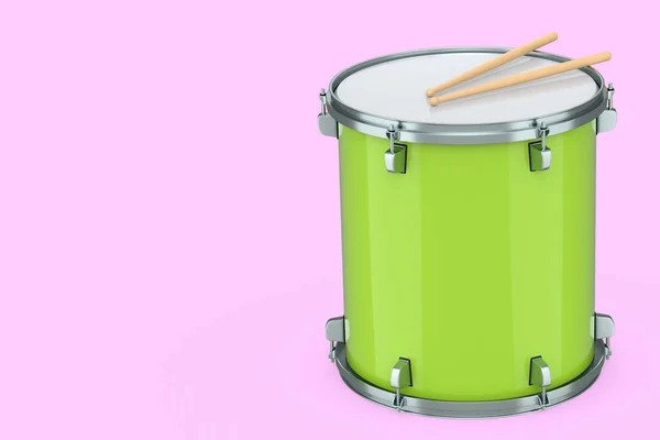 Ρεαλιστικά Drum Και Ξύλινα Drum Sticks Ροζ Φόντο Καθιστούν Την — Φωτογραφία Αρχείου
