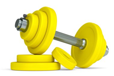 Beyaz arka planda sarı diskleri olan metal halterler. Spor malzemelerinin fitness ve powerlift için 3D yorumlaması
