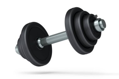 Beyaz arka planda siyah diskleri olan metal halterler. Spor malzemelerinin fitness ve powerlift için 3D yorumlaması