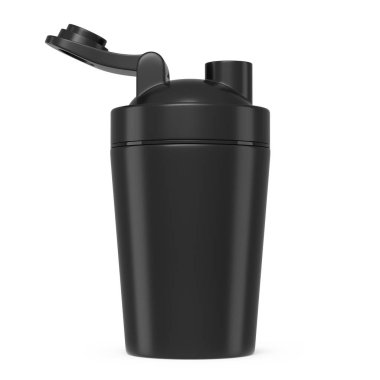 Beyaz arka planda izole edilmiş protein içeceği için siyah plastik karıştırıcı. Spor gıda kokteyl kabının 3 boyutlu sunucusu