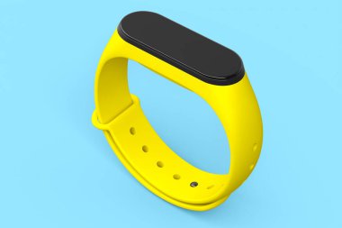 Sarı fitness takip cihazı ya da kalp atış hızı monitörü olan akıllı saat mavi arka planda izole edilmiş. Etkin eğitim ve giyilebilir aygıt için 3D spor ekipmanı hazırlama.