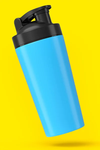 Blauwe Plastic Sport Shaker Voor Proteïne Drank Geïsoleerd Gele Achtergrond — Stockfoto